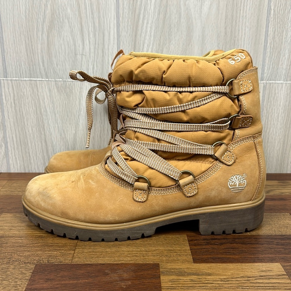 Timberland Womens Boots 11 Tan Nubuck Leather 650 Down Puffer Ankle Lace Up